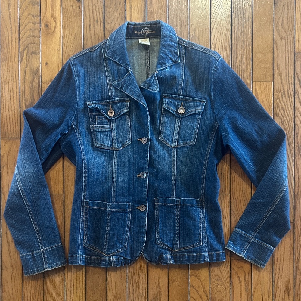 Dark Wash Denim Jacket Blazer Style Fitted Jean Jacket Women’s Size L